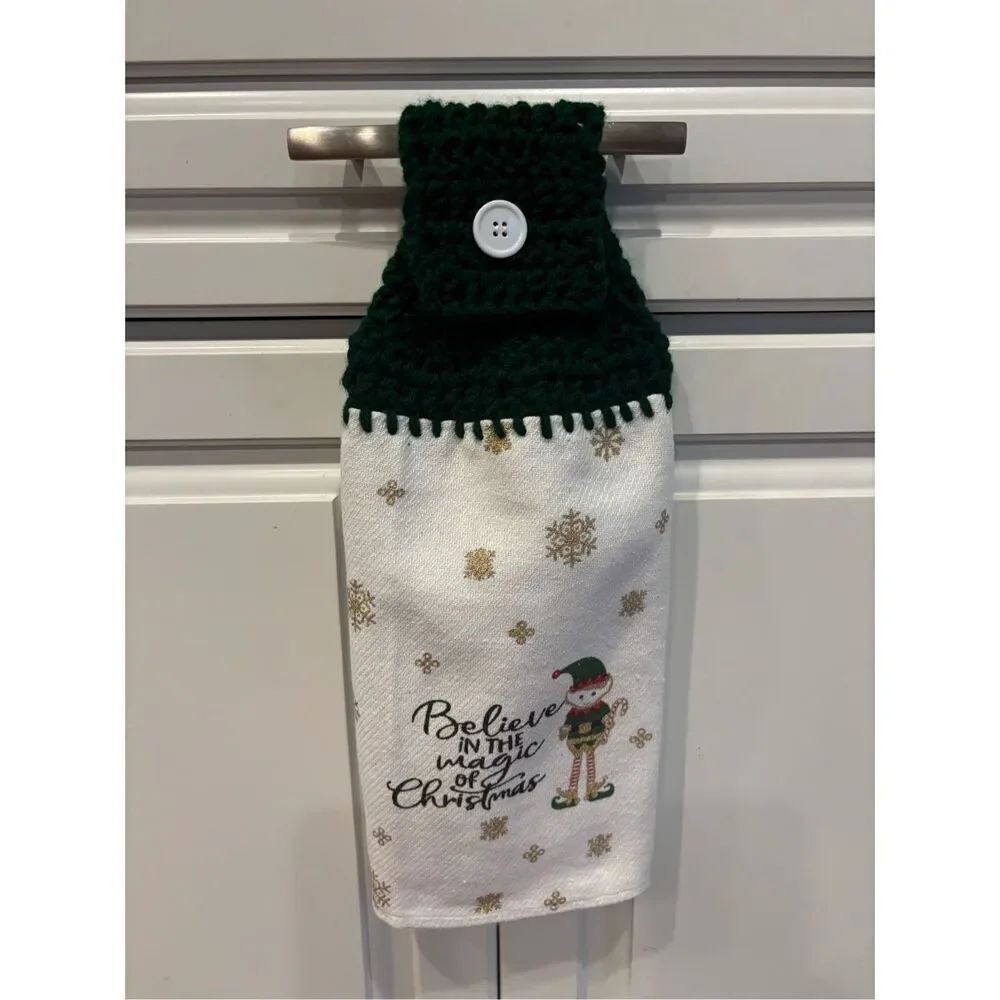 Crochet Top Kitchen Towel-Believe in Christmas. Green topper